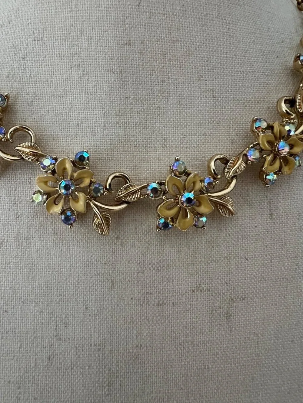 Rare Vintage Star Floral Link Choker, Yellow Enamel Flowers, AB Rhinestones, 17